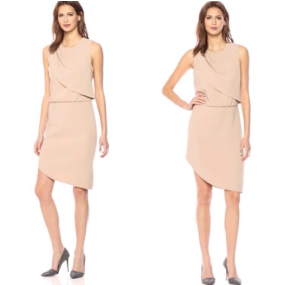 Halston Heritage Camel Drape Front Asymmetrical Hem Dress Sleeveless Size 4 - Picture 3 of 16